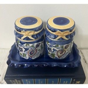 SET OF 2 LIDDED CERAMIC Storage JARS Floral TRAY Vanity Coffee Tea Bar Spices